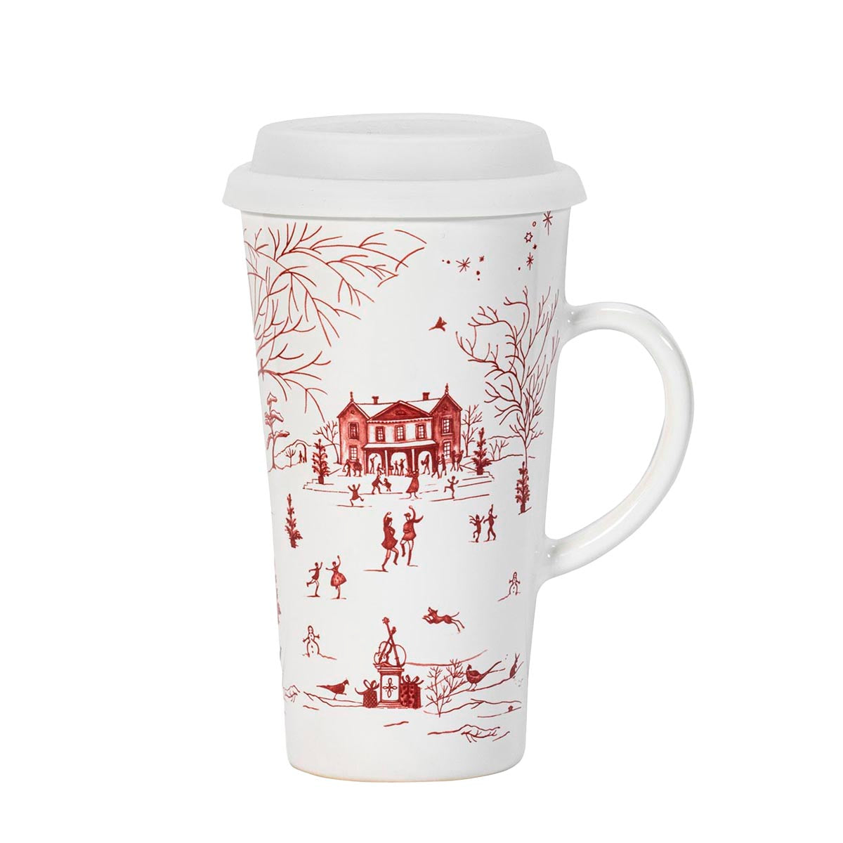 For the coffee or tea enthusiast, this holiday motif celebrates winter in all its merry splendor at our beloved Country Estate. Take this festive lidded travel mug with you on your seasonal adventures -- whether you’re motoring along to the local bookshop or flying around town on your sleigh.