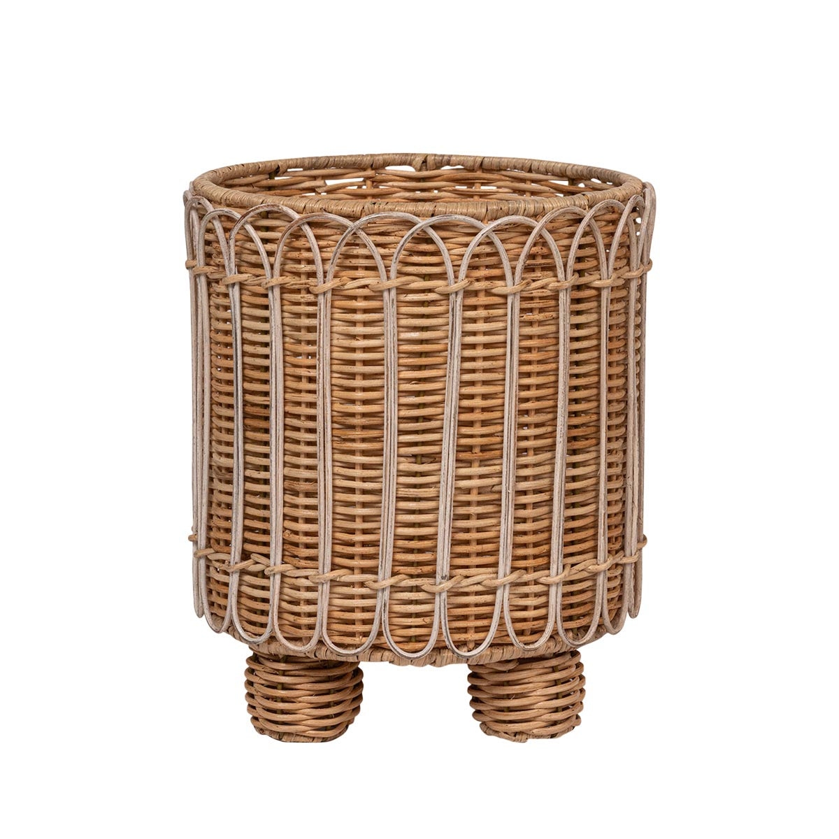 A naturally beautiful resting place for beloved houseplants and flowers, this exquisitely detailed, hand-woven rattan planter can hold a 7" pot to infuse warmth and texture into any space (and also makes a lovely powder room or office wastebasket)!