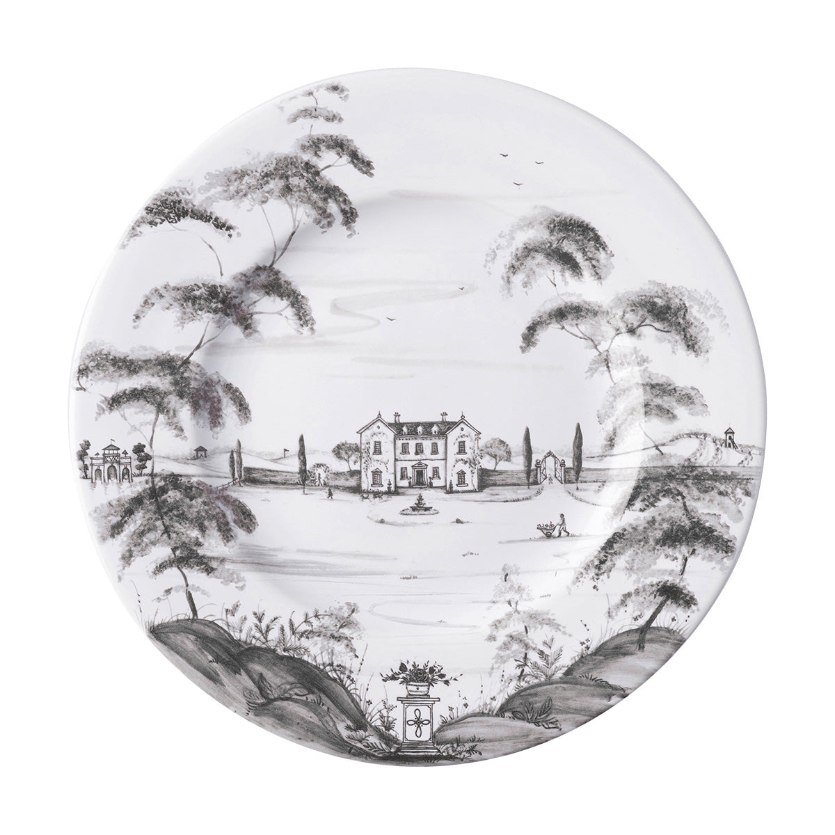 From our Country Estate Collection- Welcome to the main house, where friends and family have gathered for generations and country food is raised to a point of fine art. A feast for the eyes and table, our stately dinner plate is a portrait of the inviting and bustling life you can explore on the estate and where you can always find something delectable bubbling away in the kitchen. Featuring: the Main House, Boathouse, and Apple Orchard.