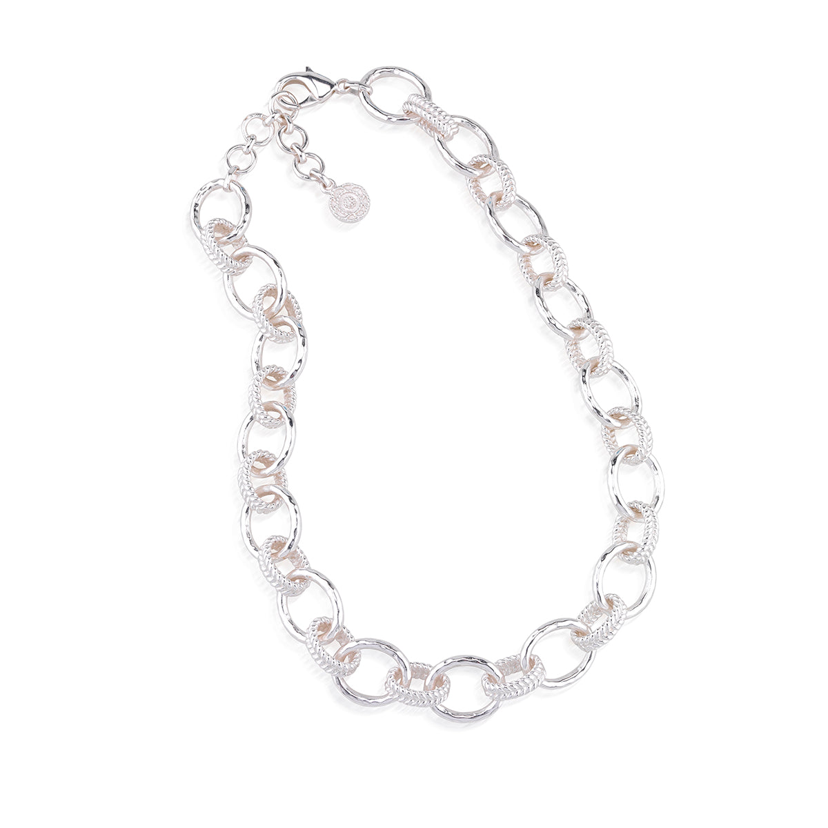 A silver chain link bracelet with alternating smooth oval links and textured rope-style links, shown on a plain white background.
