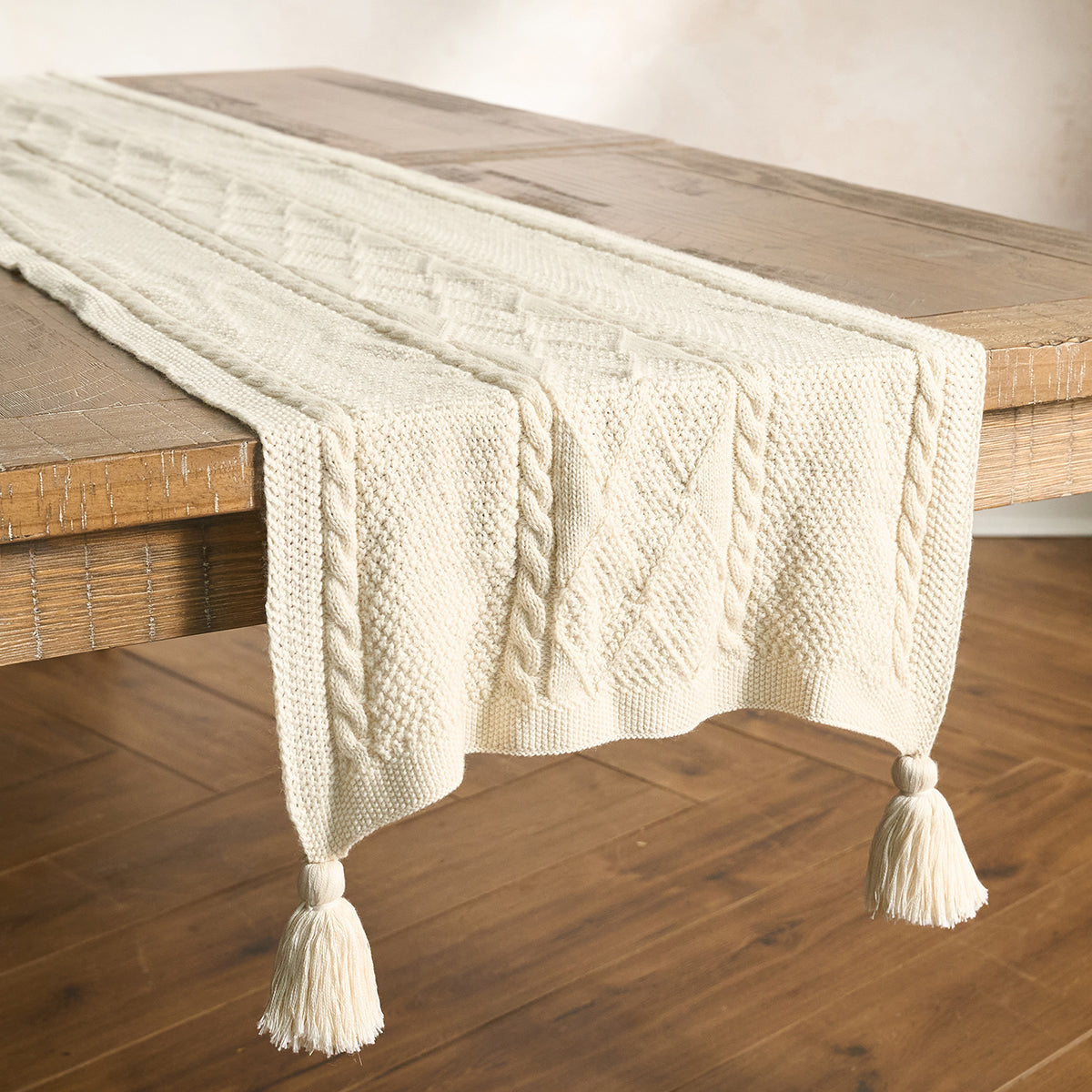 Berry & Thread Cable Knit 18" x 108" Table Runner - Ivory - styled table setting view