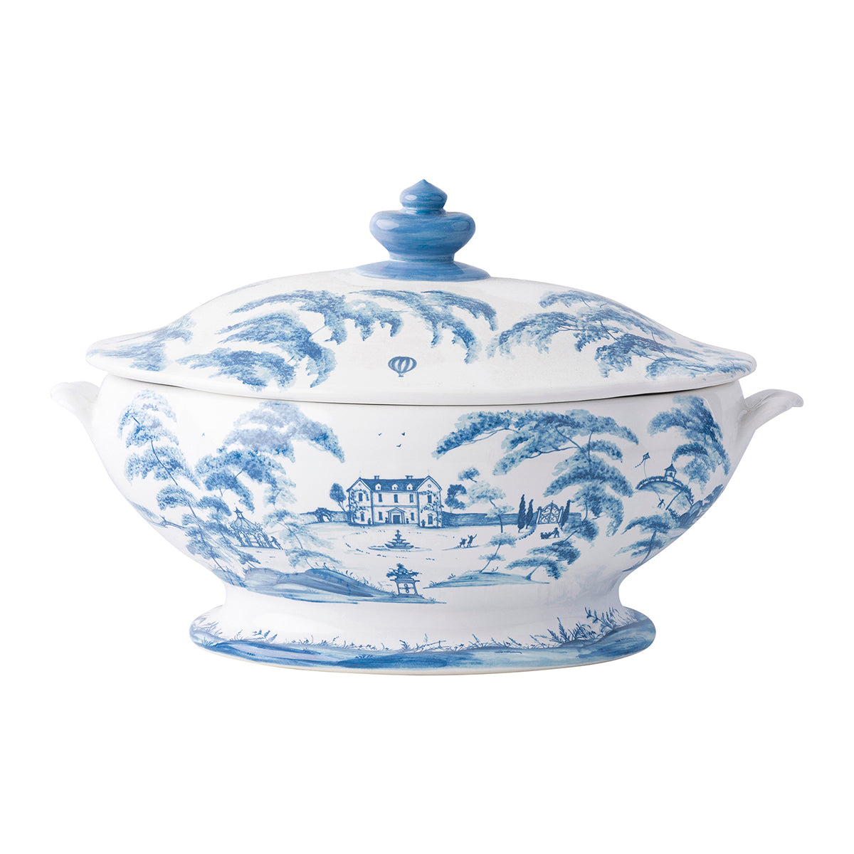 From our Country Estate Collection- As an unforgettable wedding gift or a showstopper for your own table, this covered tureen is as picturesque as it is oven-to-table practical. Sweeping vistas of the Main House adorn the exterior, while a scene of the Garden Conservatory graces the interior basin - making this intricately detailed vessel feel like an heirloom piece.