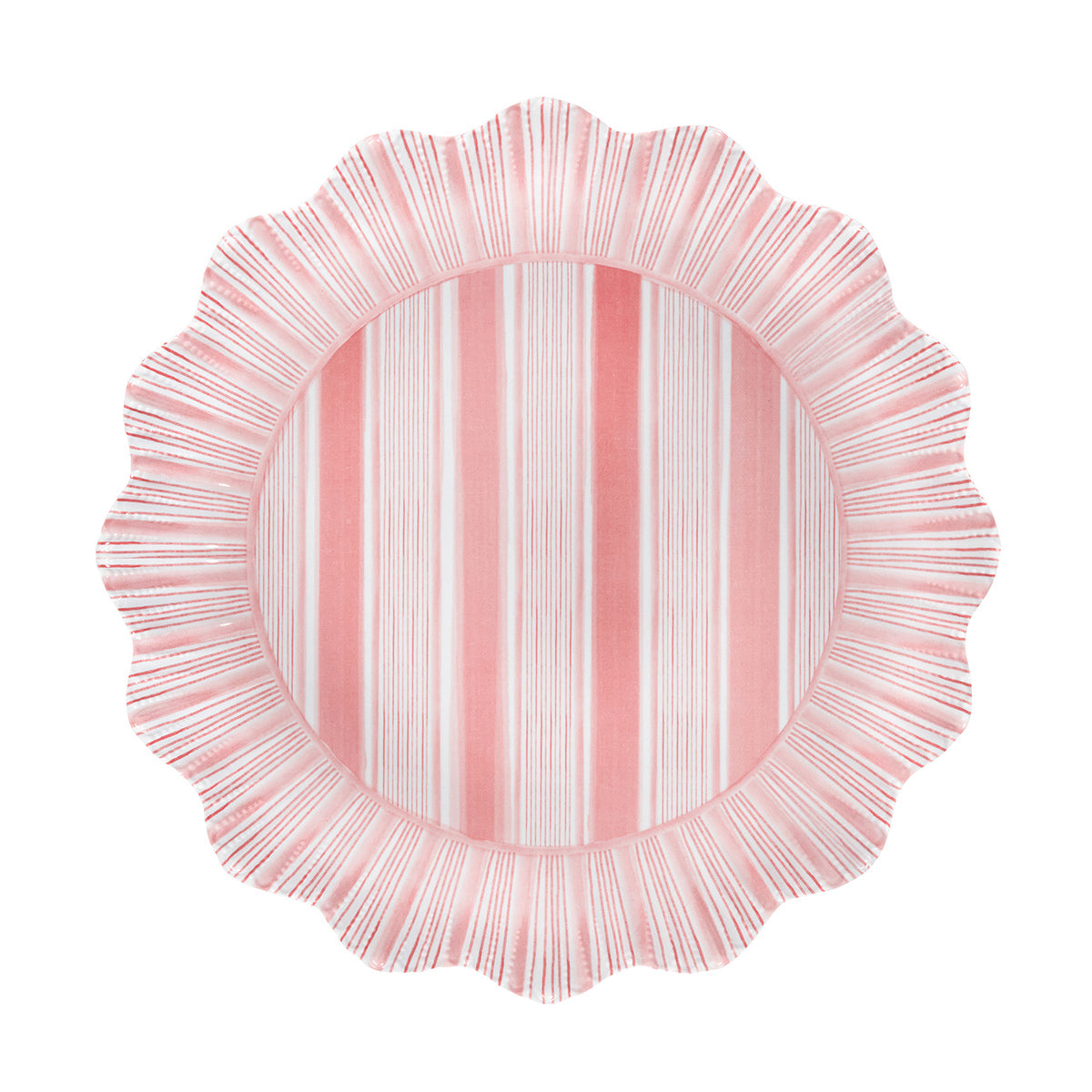 Coral striped melamine dinner plate with scalloped edges