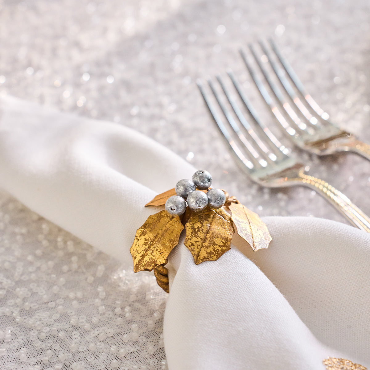 Forest Walk Holly with Berries Napkin Ring Set/4 - Gold/Silver - lifestyle setting