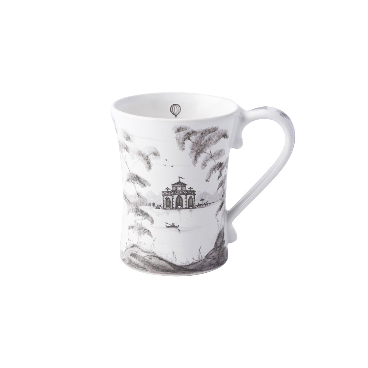 A white mug with artwork of a country estate boathouse and rowboat in flint grey painted on it.