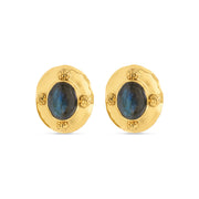 Oval clip earrings made of gold and blue labradorite.