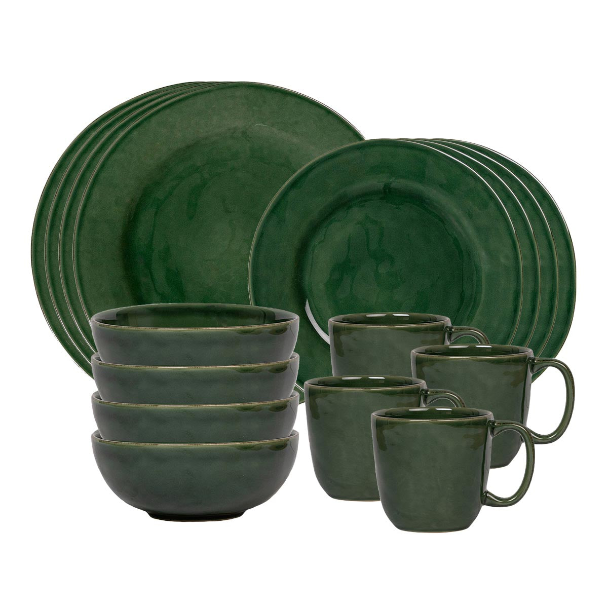 Everything you need to set a stylish place at your table, this collection is perfect for parties, and eminently useful for every day. Purely lovely in its understated aesthetic, the artisanal beauty of this set lies in its studied simplicity for daily use, but also as a must-have for mixing a gorgeous pop of color in lush and verdant green into your table setting repertoire. Our 16 piece set provides service for four and includes four of each: dinner plates, dessert/salad plates, cereal/ice cream bowls and 