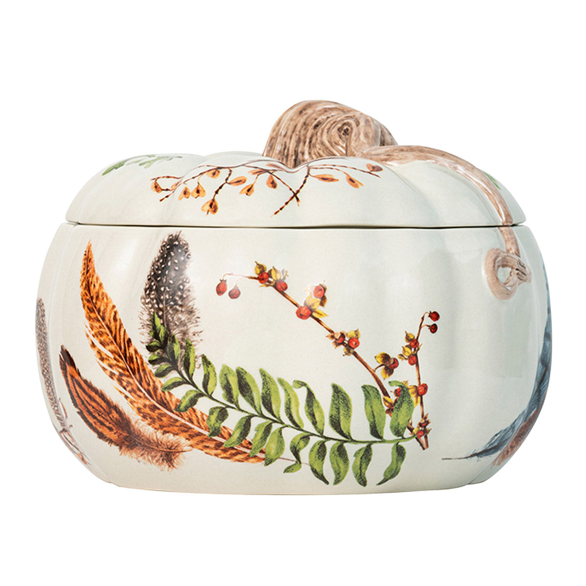 White nine-inch pumpkin-shaped bowl with lid, adorned with colorful designs of flora and fauna. 