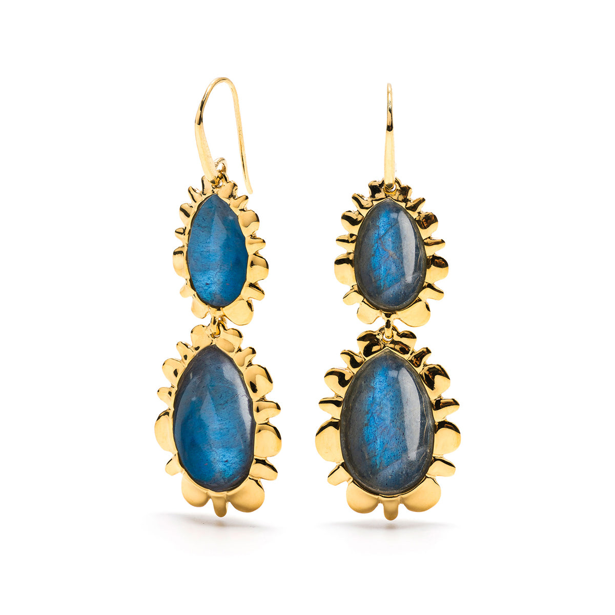 Gold double drop earrings with blue labradorite.