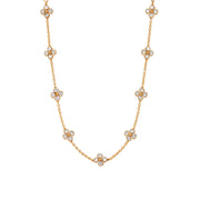 This dainty, double-sided station chain necklace is a vision in bright, gleaming gold and iridescent mother of pearl, interspersed with our clever double-sided clovers that playfully flip throughout the day—from mother of pearl clovers with golden berry centers to golden clovers with mother of pearl centers.