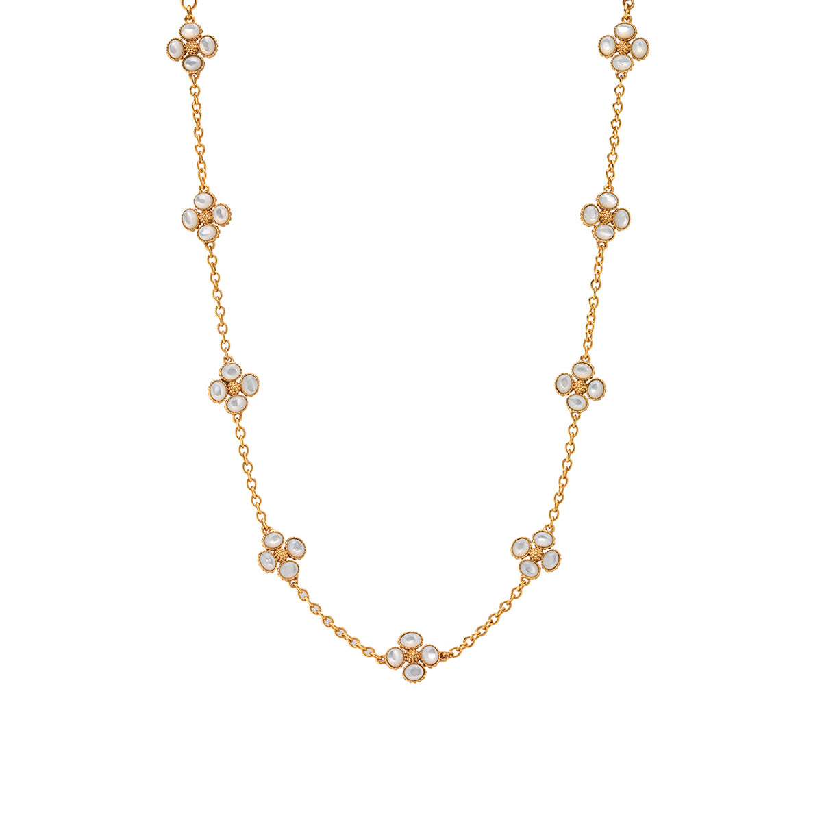 This dainty, double-sided station chain necklace is a vision in bright, gleaming gold and iridescent mother of pearl, interspersed with our clever double-sided clovers that playfully flip throughout the day—from mother of pearl clovers with golden berry centers to golden clovers with mother of pearl centers.