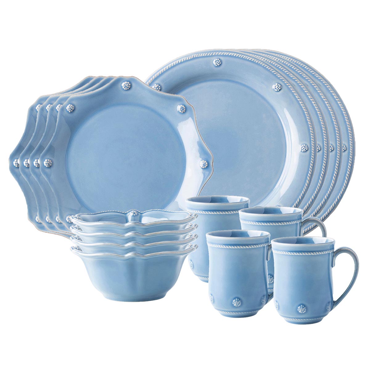 Rimmed with our simple thread and adorned with a sprinkling of berries, our 16 piece place setting in Chambray contains 4 round dinner plates, 4 scalloped dessert/salad plate, 4 cereal bowls and 4 mugs.