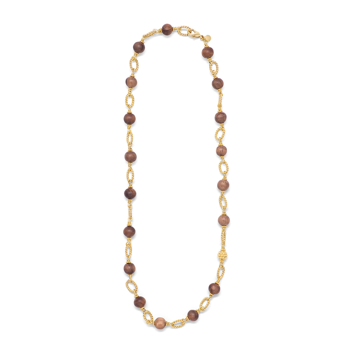 24" link necklace with gold chains and teak ornamentation.