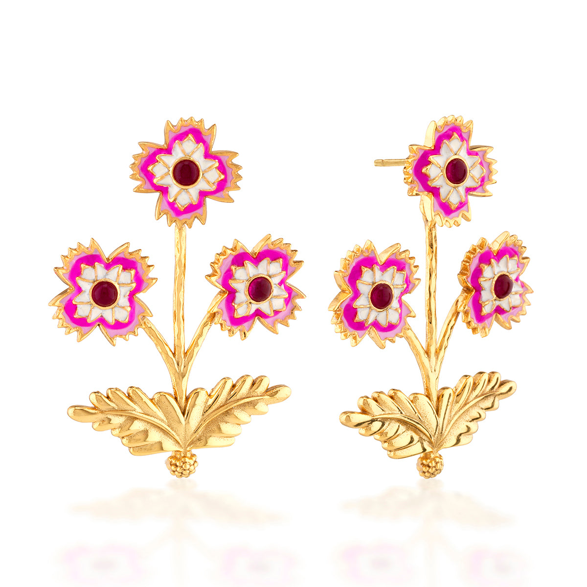 You’ve been forewarned: these hand-painted enamel bouquets of pink and white dianthus flowers may induce you to twirl ‘round ballrooms, dash off to portrait galleries on a whim, or spend the afternoon in a garden. This swoon-worthy pair of statement earrings have luminous, fuchsia jade gemstone centers and intricate stems and leaves in bright gold. Staying in on a rainy day to pen a sonnet? These convertible blooms can transform to just the studs for a more subtle look.