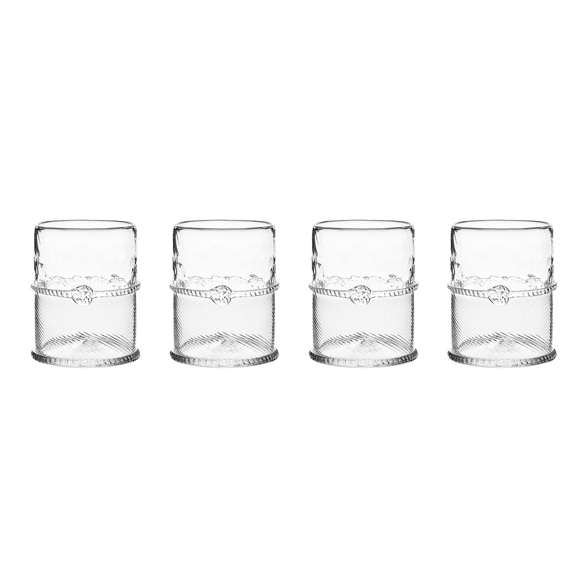 The classic. Four Double Old Fashioned glasses of unrivaled beauty for sipping and savoring the good life. Distinctive for its mix of spiral optic glass and hammered treatment, a ground-breaking technique achieved by our master glass artisans to stunning effect that pairs perfectly with smooth pours, favorite libations, and celebratory moments. Achieve legendary status by showing up with this set, which comes beautifully wrapped in our signature Juliska gift box. Let cocktail hour commence!