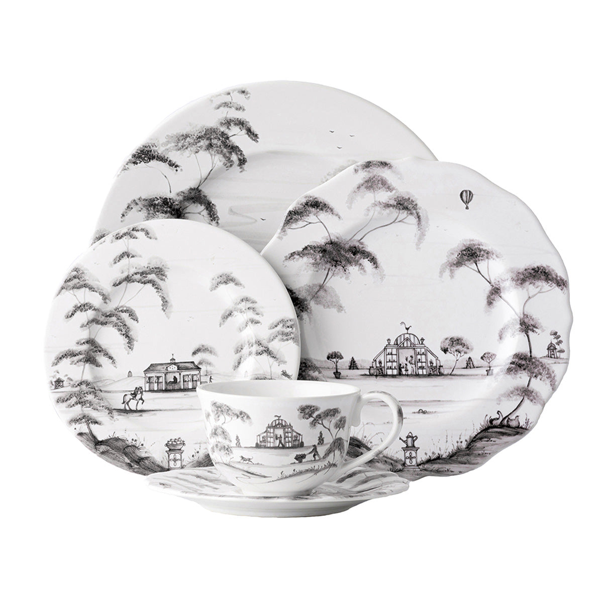 From our Country Estate Collection- Featuring narratives of the English Countryside, our five piece setting in flint contains a dinner plate, dessert/salad plate, side/cocktail plate, tea/coffee cup and saucer.