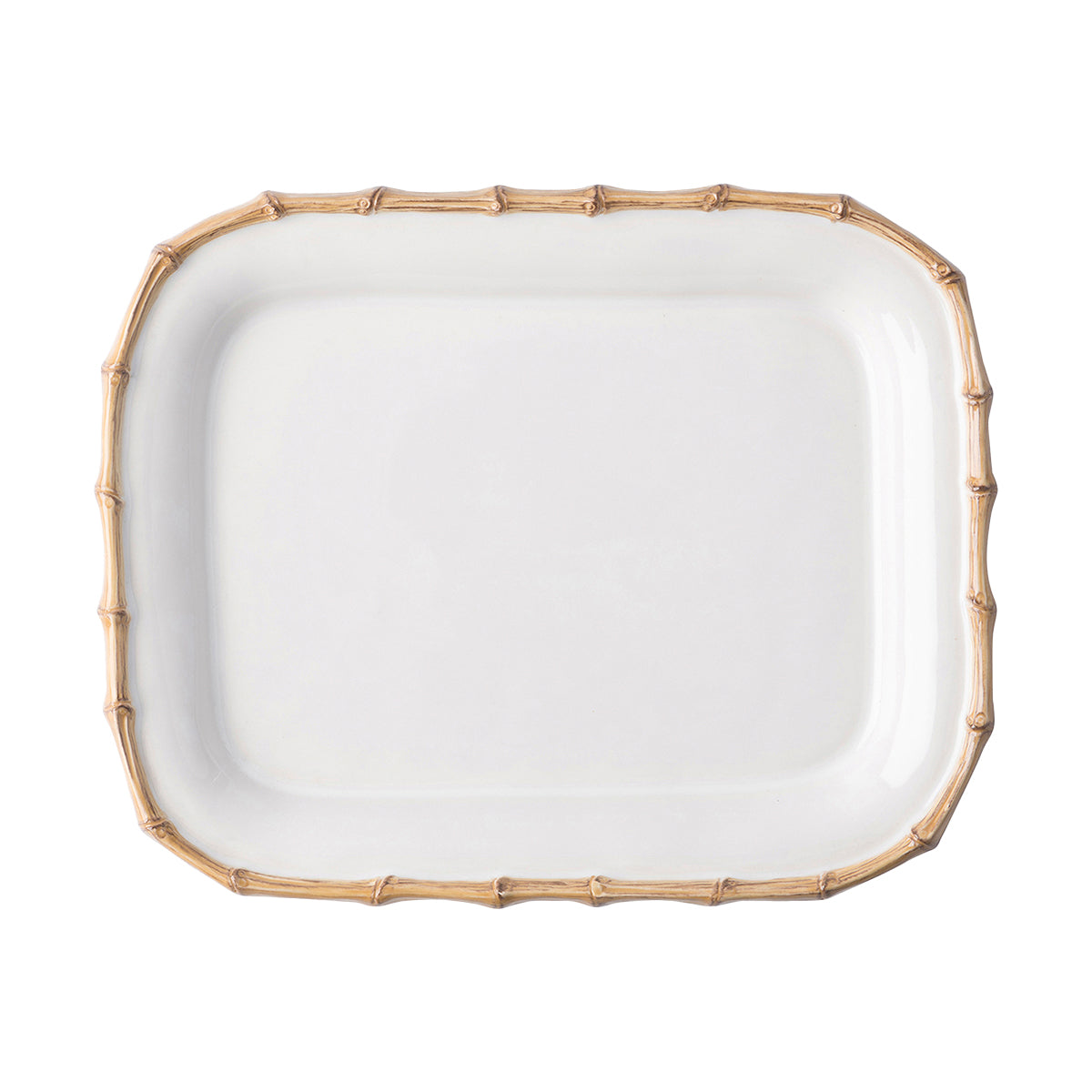 From our  Bamboo Collection - From lobster mac and cheese to bright vegetables braised to perfection, our white platter rimmed in natural bamboo adds exotic flair to your table. Pairs remarkably well with our Firenze and Quotidien collections.