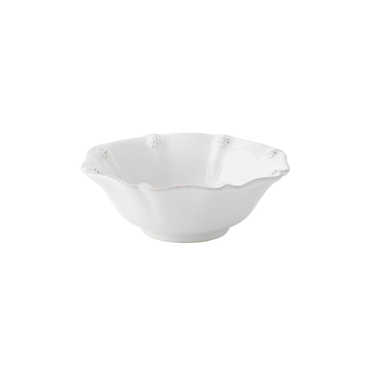 We've dressed our Whitewash Berry Bowl with charming details - ruffled fluting, a scalloped edge, and a sprinkling of berries. Perfect for nuts at the fireside or candies on your desk.