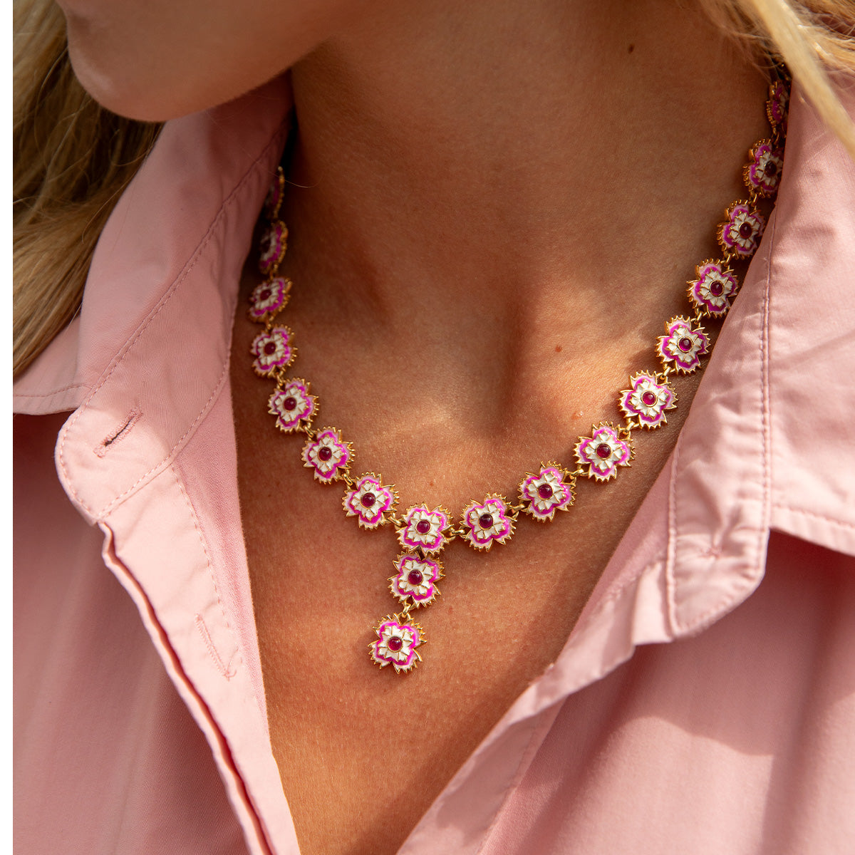 Dianthus Convertible Necklace 16in 2in Pink, lifestyle setting