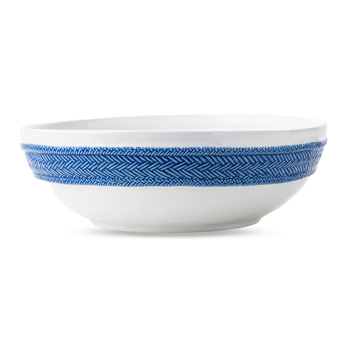 From our Le Panier Collection - Serve up your favorite salads or side dishes in this 12 inch serving bowl, banded with a neatly woven Delft Blue basket-weave trim.