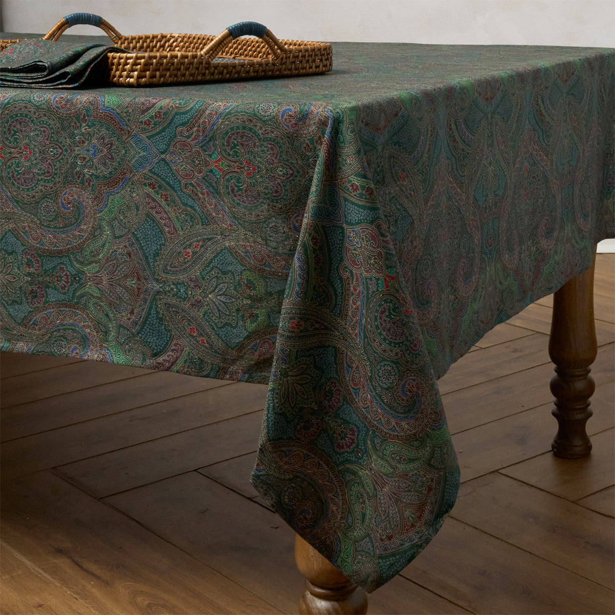 Paisley 60" x 120" Tablecloth - Evergreen - styled table setting view