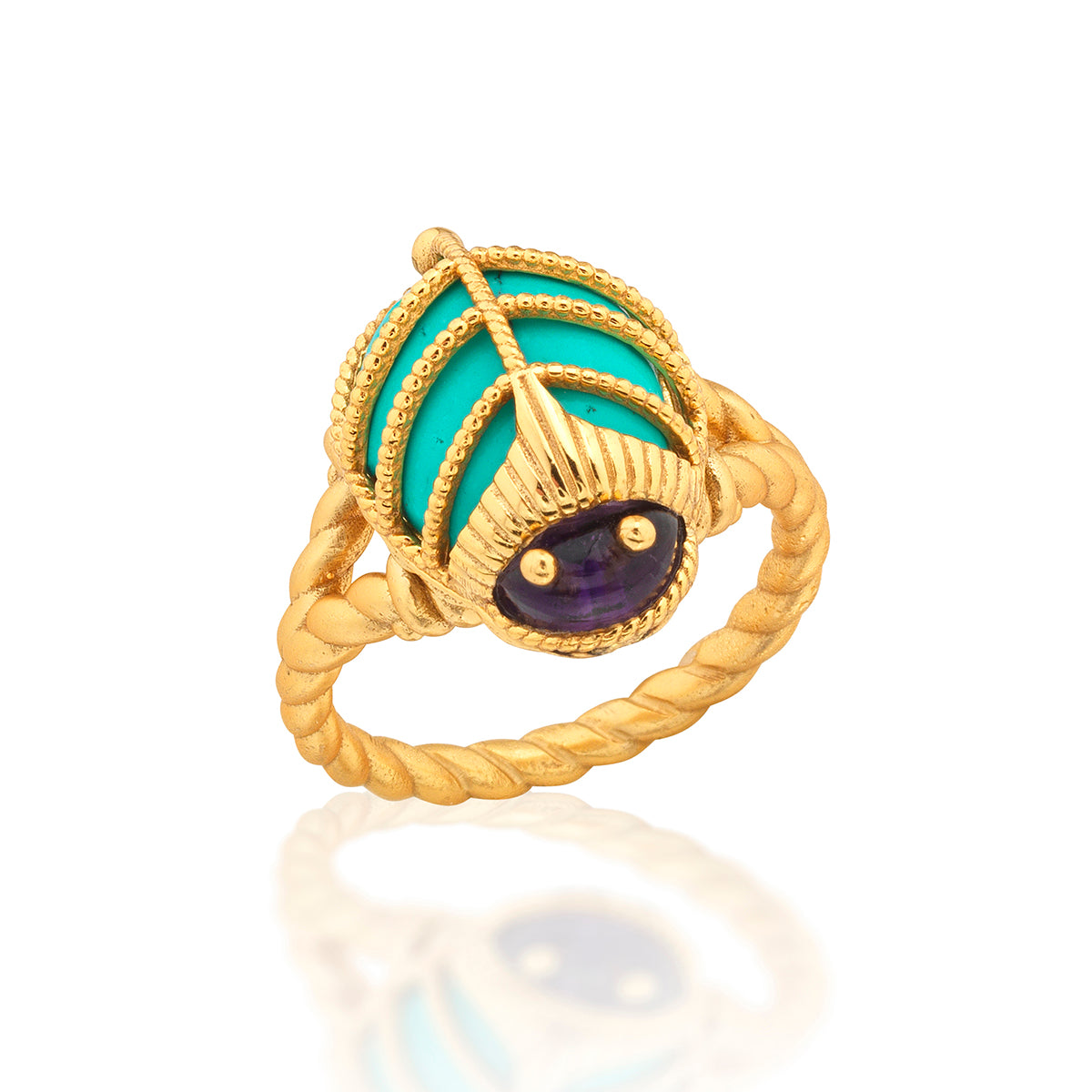 This colorful little character is an empowering talisman of resilience to carry with you every day. Our version of an ancient Egyptian amulet, this sacred scarab features polished turquoise wings clad in an ornate, gilded exoskeleton with a luminous amethyst head atop a gold ring band.