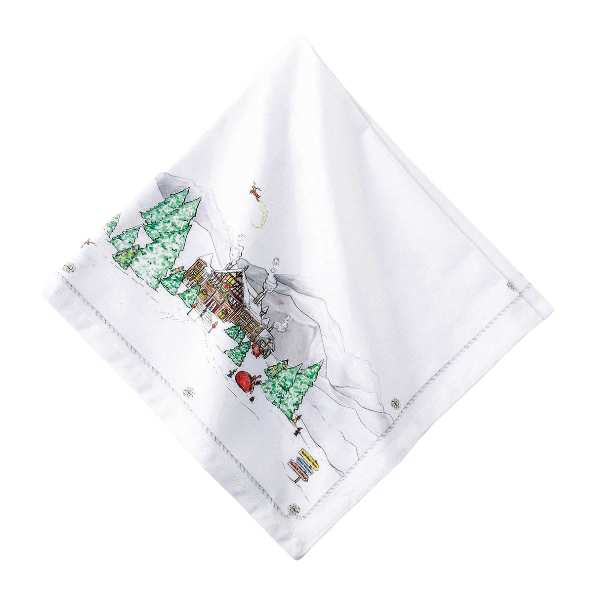 The mythical, folkloric world of the North Pole is hand illustrated in this new holiday collection. This napkin is digitally printed on 100% cotton sateen.