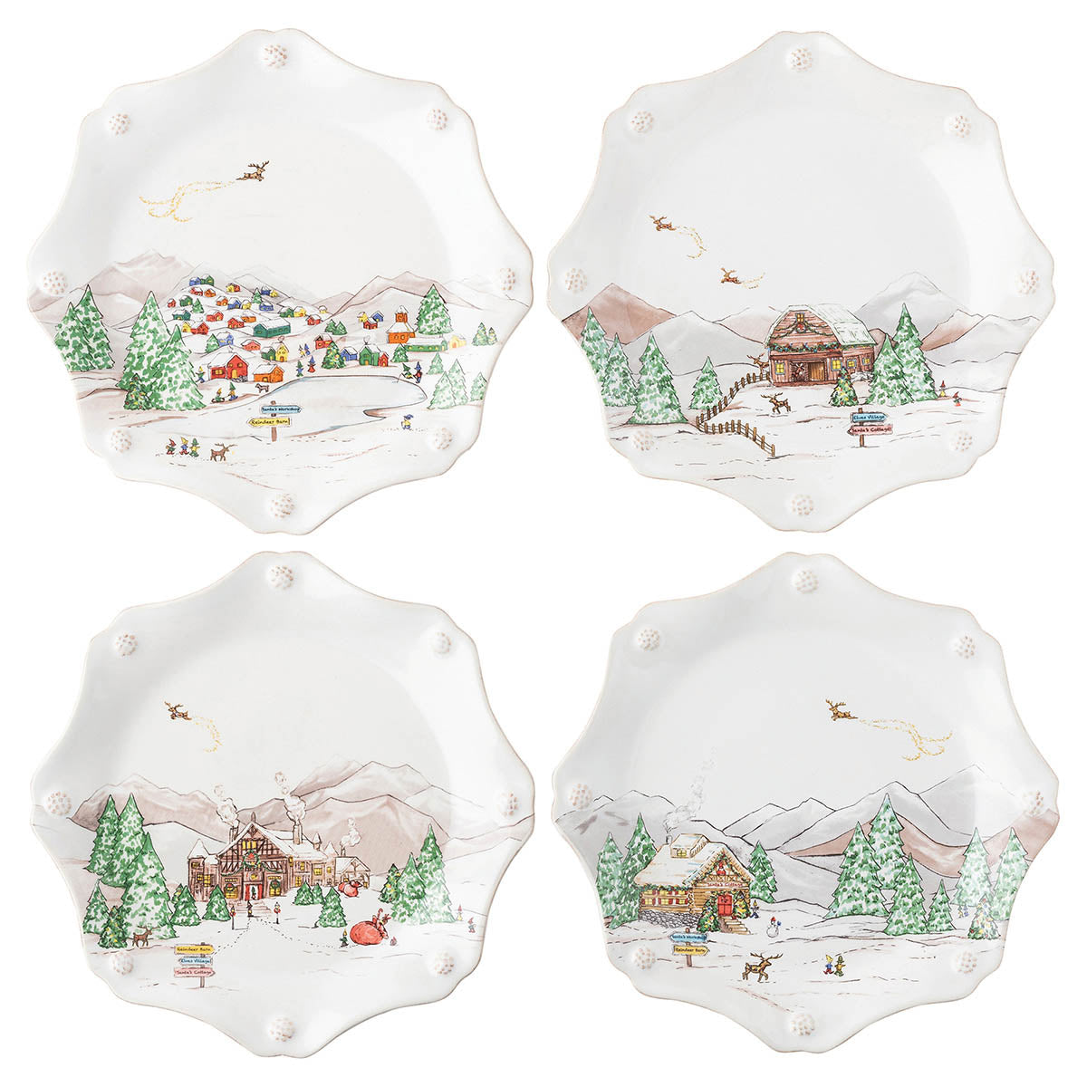 The mythical, folkloric world of the North Pole is hand illustrated atop iconic Berry & Thread shapes in this new holiday collection. Each scalloped dessert/salad plate in this set of four features a unique scene – the reindeer barn, Santa's cottage, the elves' village and toy workshop!