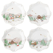 The mythical, folkloric world of the North Pole is hand illustrated atop iconic Berry & Thread shapes in this new holiday collection. Each scalloped dessert/salad plate in this set of four features a unique scene – the reindeer barn, Santa's cottage, the elves' village and toy workshop!