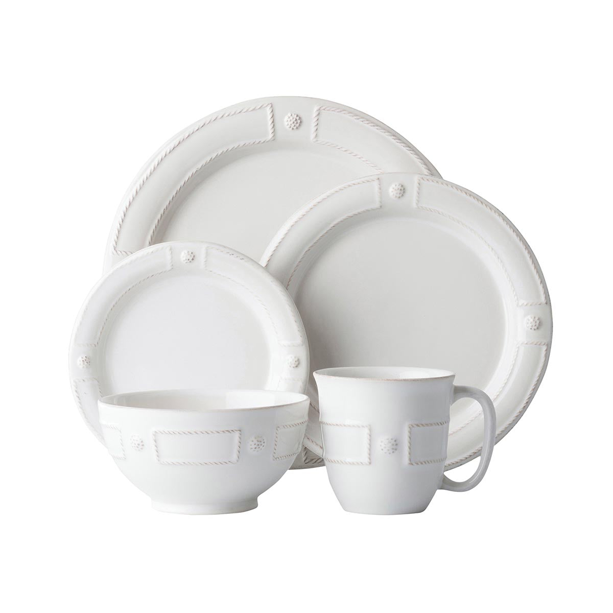 Inspired by the impeccably elegant symmetry of Parisian architecture, we've created a fresh extension to our iconic Berry & Thread collection. Designed specifically for layering, it lies on a precise axis when stacked together for a look that is as artfully geometric as the ordered garden rows of Versaille. Our five piece setting includes: dinner plate, dessert/salad plate, side plate, cereal bowl and cofftea cup.