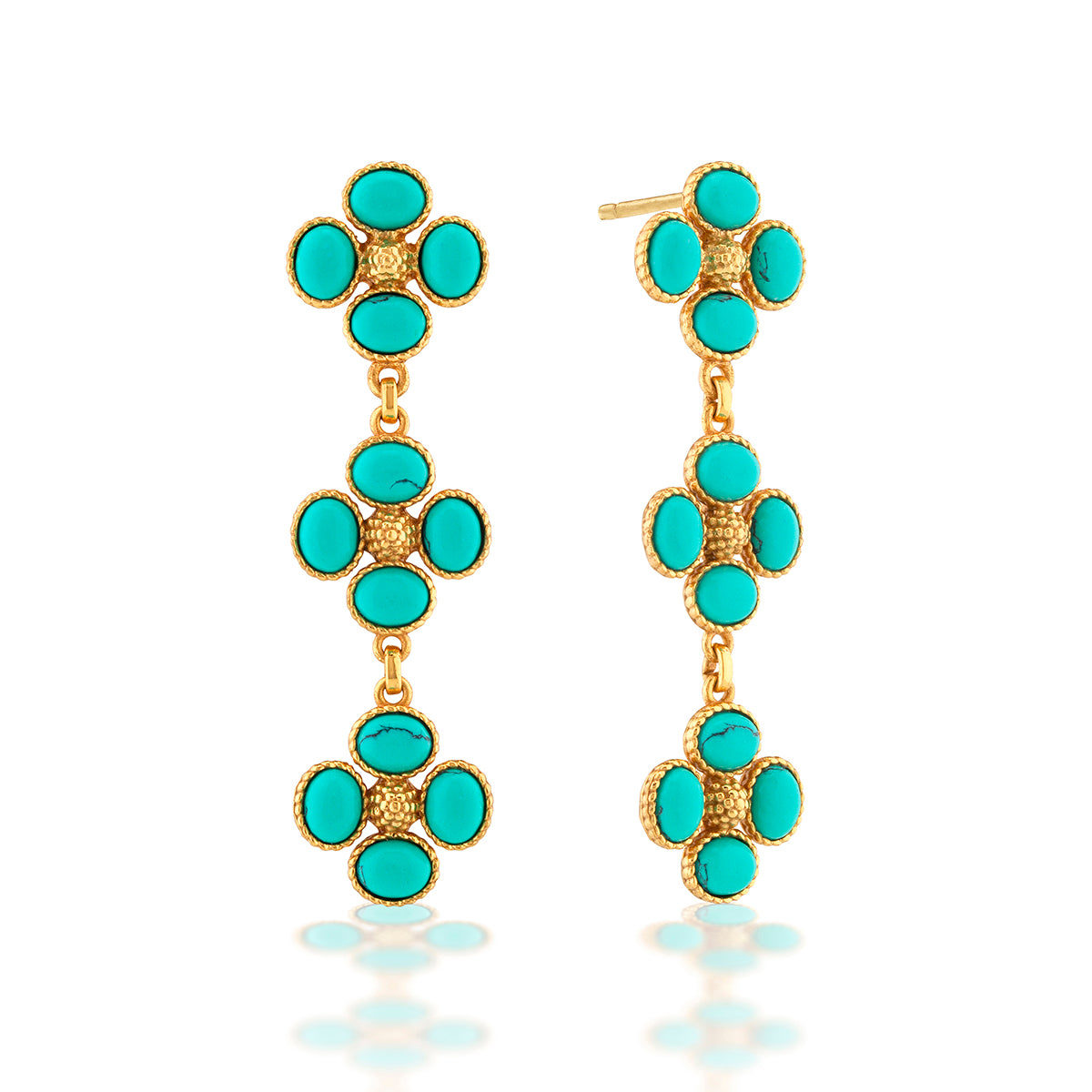 A trio of clovers descend in linear fashion for an effect that’s equally streamlined and romantic. Made with polished turquoise orbs and golden berry centers, this set brings femininity and a little luck to carry with you wherever you go.