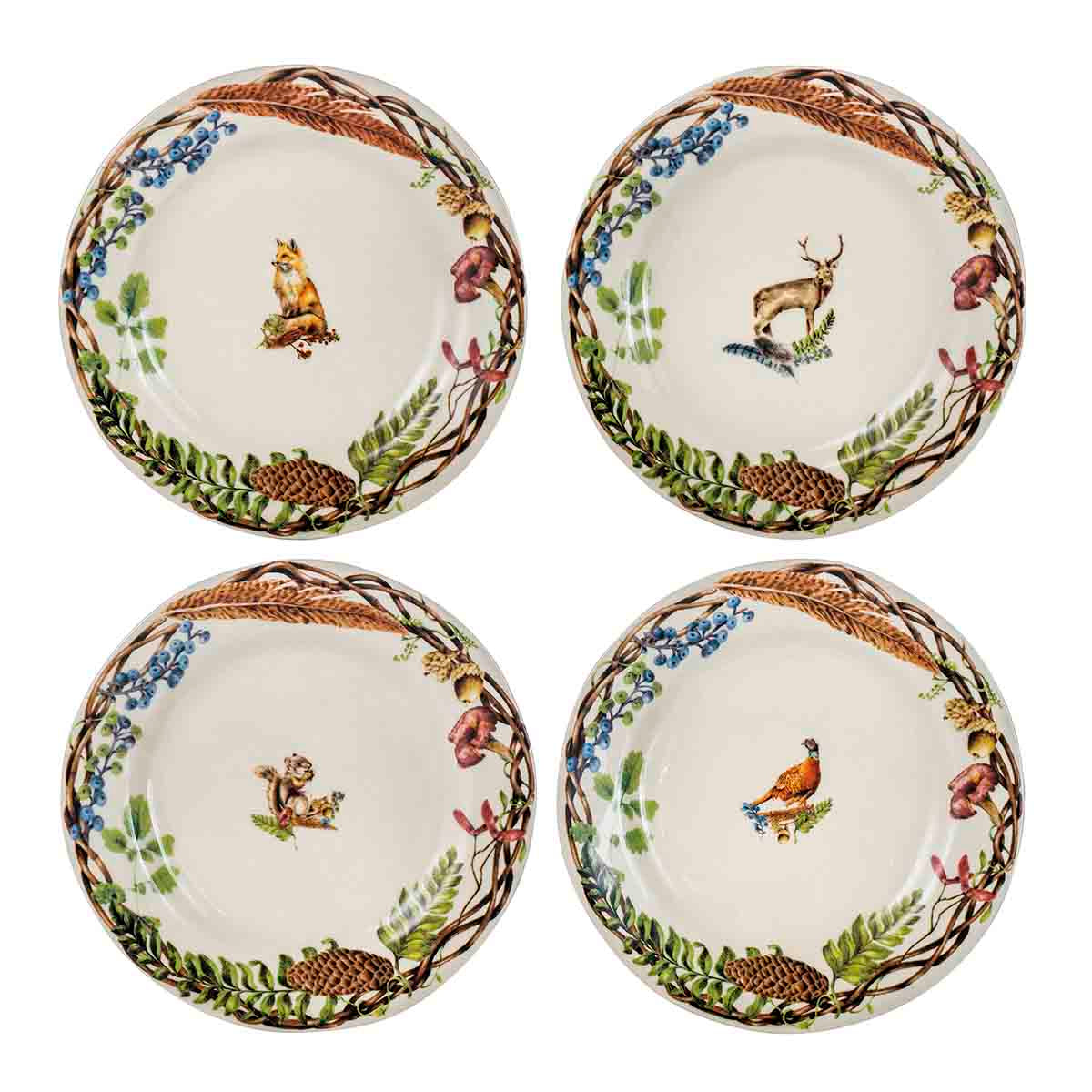 Upon a set of four dessert/salad plates from our cherished Forest Walk collection, a stately stag, regal pheasant, thoughtful fox, and charming squirrel are featured within the confines of our painterly Fall border.