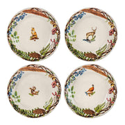 Upon a set of four dessert/salad plates from our cherished Forest Walk collection, a stately stag, regal pheasant, thoughtful fox, and charming squirrel are featured within the confines of our painterly Fall border.