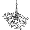 Black and white illustration of the Eiffel Tower with birds flying around it.
