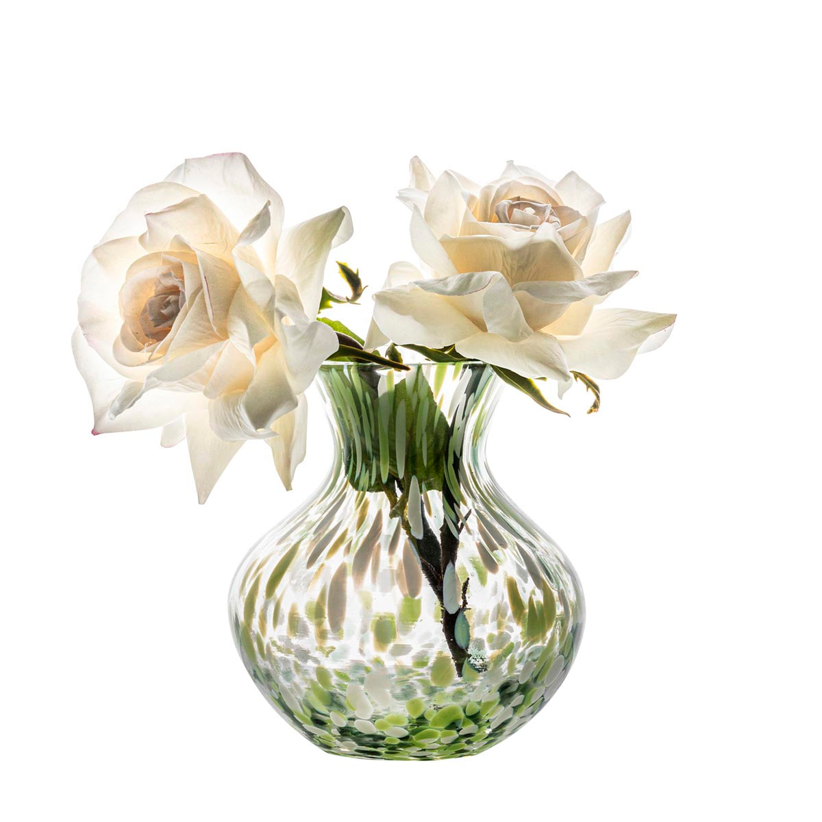 Glass 6" vase with green paint. Two flowers are inside.