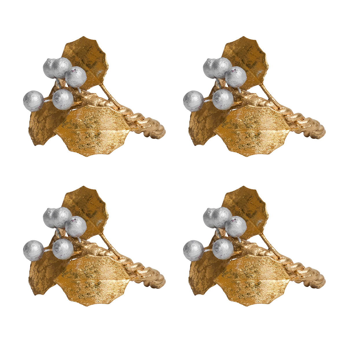 Forest Walk Holly with Berries Napkin Ring Set/4 - Gold/Silver