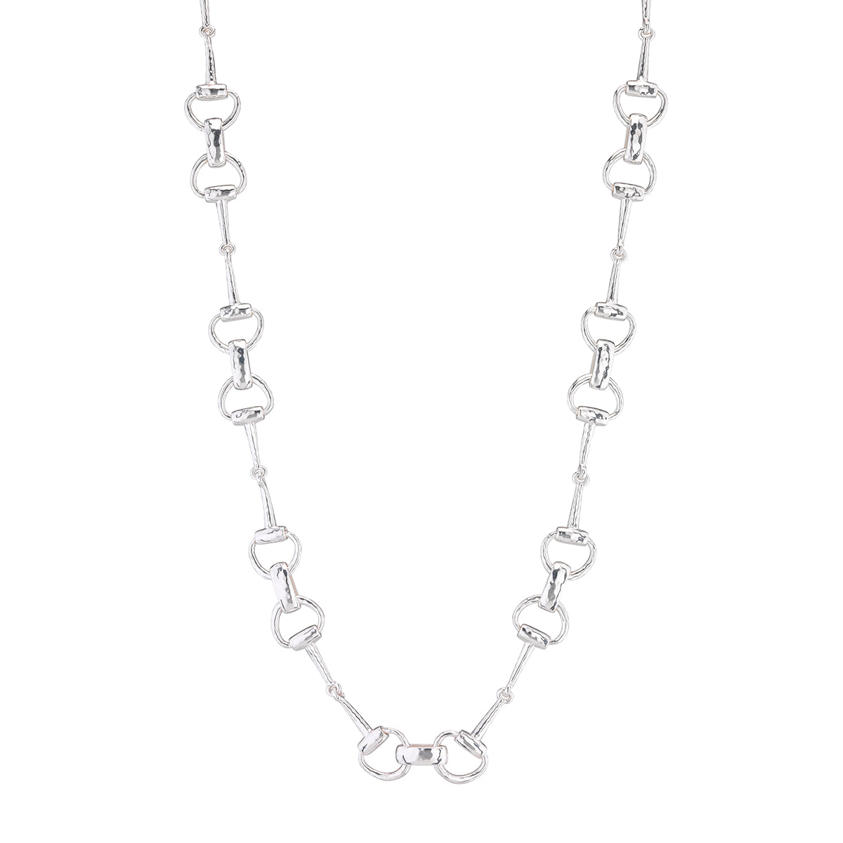 A silver-toned horse-bit link chain necklace displayed against a solid white background.