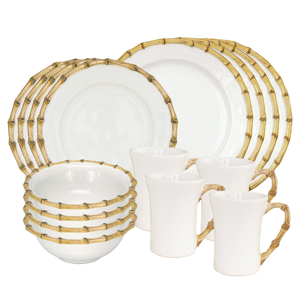 From our Bamboo Collection- Bringing a sense of naturalistic glamour to your dinner table, our 16 piece set provides service for four and includes 4 dinner plates, dessert/salad plates, cereal/ice cream bowls and mugs.?