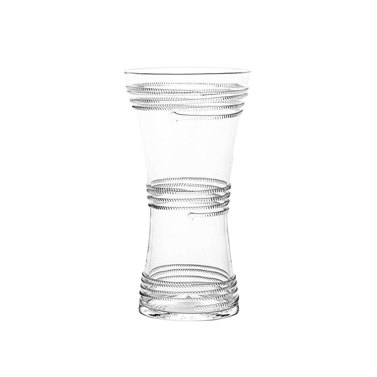 A clear glass vase with a flared rim and decorative horizontal twisted rope-style bands near the top, middle, and base, shown on a plain white background.