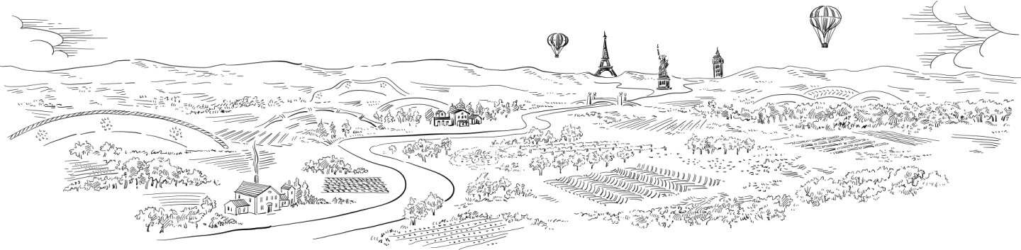 Black and white line drawing of a scenic landscape with hot air balloons and a river.