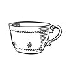 Black and white illustration of a teacup with a floral pattern on a white background