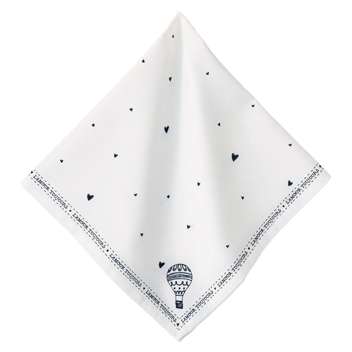 A clean expanse of crisp cotton sateen is strewn with a sprinkling of hearts - like romantically falling confetti or snowflakes - in an eternally chic black-on-white motif. Edged throughout with our hand sketched L’amour Toujours border and charming hot air balloons at each corner, this lovely napkin lends itself just as well for breakfast in bed to an elegant brasserie-inspired affair. 