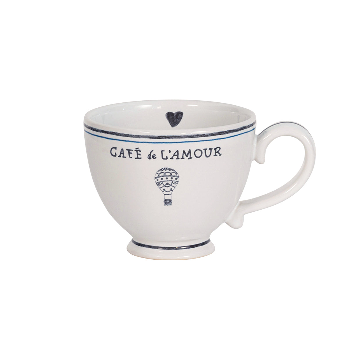 Greet every sunrise with this copious “cofftea cup” that is trimmed in chic black and blue details and is abundantly sized to fuel your daily adventures with coffee, tea, or a decadent chocolat chaud. A petite heart flies alongside our hand sketched Cafe de L’Amour banner and hot air balloon, reminding us to share love wherever the day may take us. 