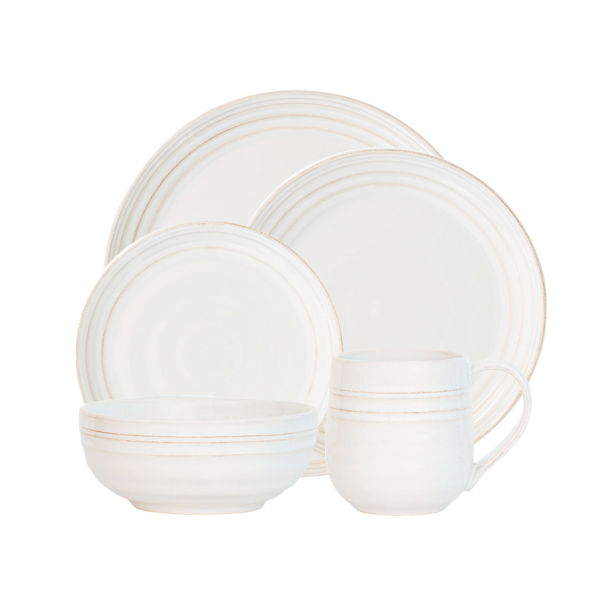From our Bilbao Collection- Inspired by the beauty of the Basque country and the city of Bilbao, we created this collection with a mix of old and new in mind. Classic coupe shapes highlight Bilbao's casual elegance and stunning combination of modernity and patina. Five piece setting includes: dinner plate, dessert/salad plate, side/cocktail plate, cereal/ice cream bowl and cofftea cup. 