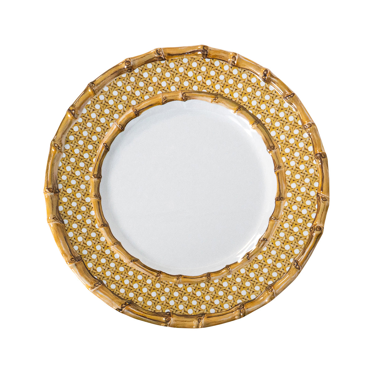 The bamboo border with caning inset on this dessert/salad plate evokes the natural textures of exotic places for a look that is equally traditional and adventurous. Made of shatterproof melamine, it is ideal for all of your culinary forays into the wild outdoors - from breezy seaside picnics to romantic teas in the garden. 