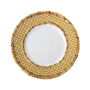 The bamboo border with caning inset on this dessert/salad plate evokes the natural textures of exotic places for a look that is equally traditional and adventurous. Made of shatterproof melamine, it is ideal for all of your culinary forays into the wild outdoors - from breezy seaside picnics to romantic teas in the garden. 