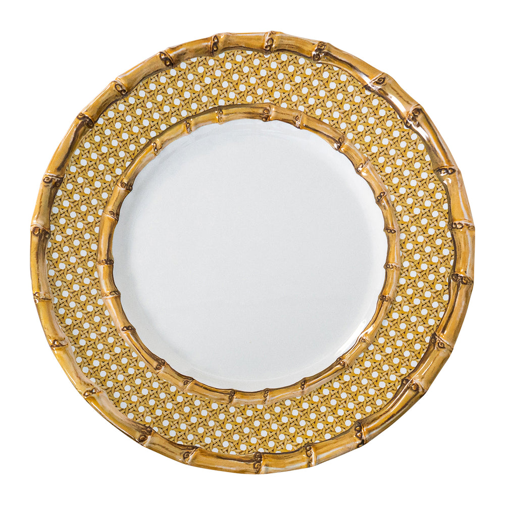 The bamboo border with caning inset on this dinner plate evokes the natural textures of exotic places for a look that is equally traditional and adventurous. Made of shatterproof melamine, it is ideal for all of your culinary forays into the wild outdoors - from breezy seaside picnics to romantic teas in the garden. 