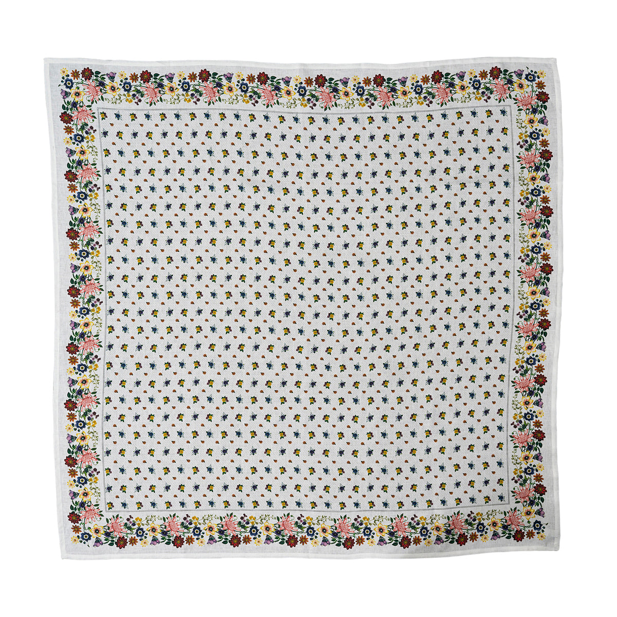 With bucolic and beautiful blooms printed in an array of cheerful hues, this 100% Italian linen square tablecloth is an irresistibly charming nod to traditional handkerchiefs from Provence. From barefoot picnics to elegant suppers under the stars - this heirloom-quality tablecloth sets a sophisticated scene anywhere - and can be blissfully tossed into the washing machine afterwards and air dried.  