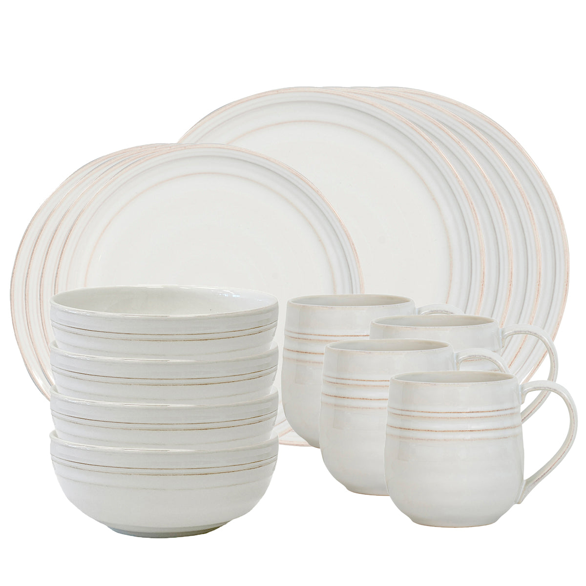 From our Bilbao Collection- Inspired by the beauty of the Basque country and the city of Bilbao, we created this collection with a mix of old and new in mind. Classic coupe shapes highlight Bilbao's casual elegance and stunning combination of modernity and patina. Our 16 piece setting includes: 4 dinner plates, 4 dessert/salad plates, 4 cereal/ice cream bowls and 4 cofftea cups. 