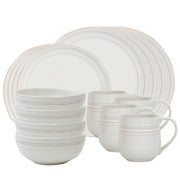 From our Bilbao Collection- Inspired by the beauty of the Basque country and the city of Bilbao, we created this collection with a mix of old and new in mind. Classic coupe shapes highlight Bilbao's casual elegance and stunning combination of modernity and patina. Our 16 piece setting includes: 4 dinner plates, 4 dessert/salad plates, 4 cereal/ice cream bowls and 4 cofftea cups. 